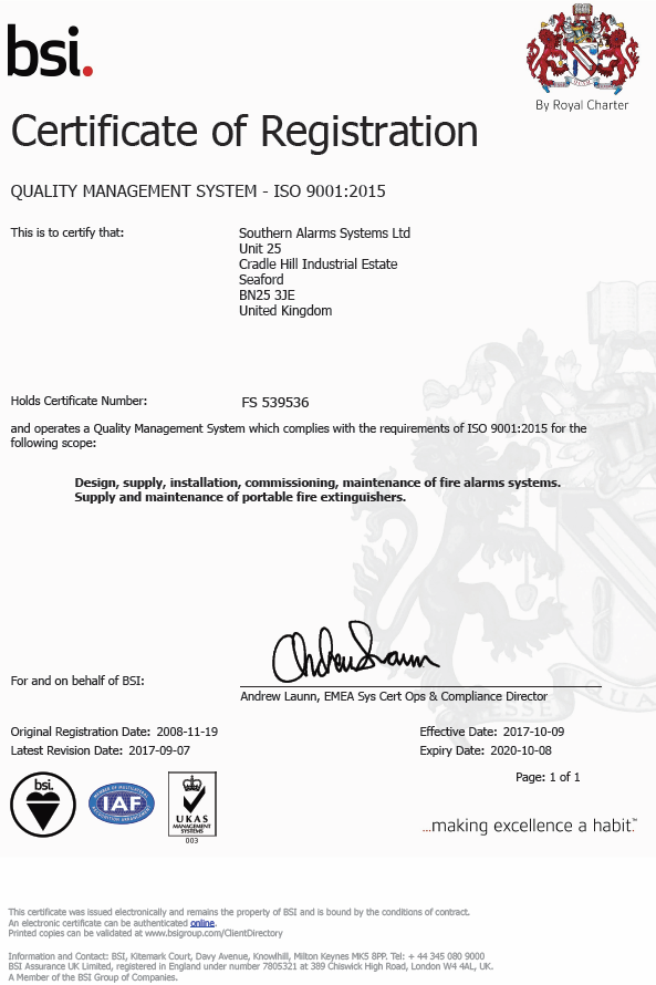 Southern Alarm Systems ISO 9001:2015